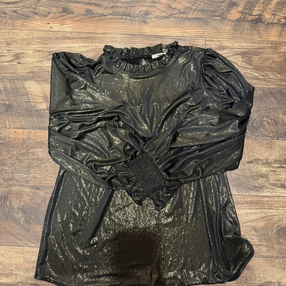 Jodifl Gold Metallic Shimmer Ruffle Mock Neck Puff Sleeve Blouse NWT Medium